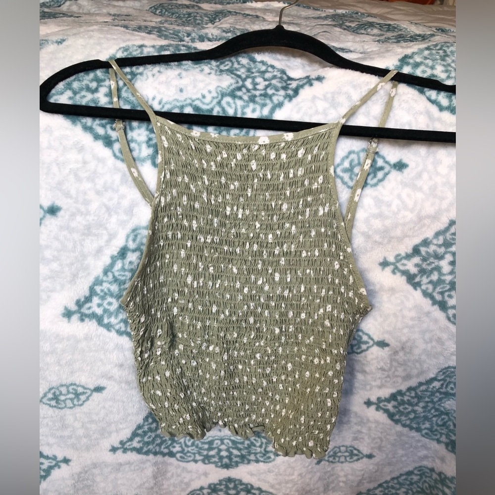 Forever21 smocked sage green white spot cropped faux-halter tank top